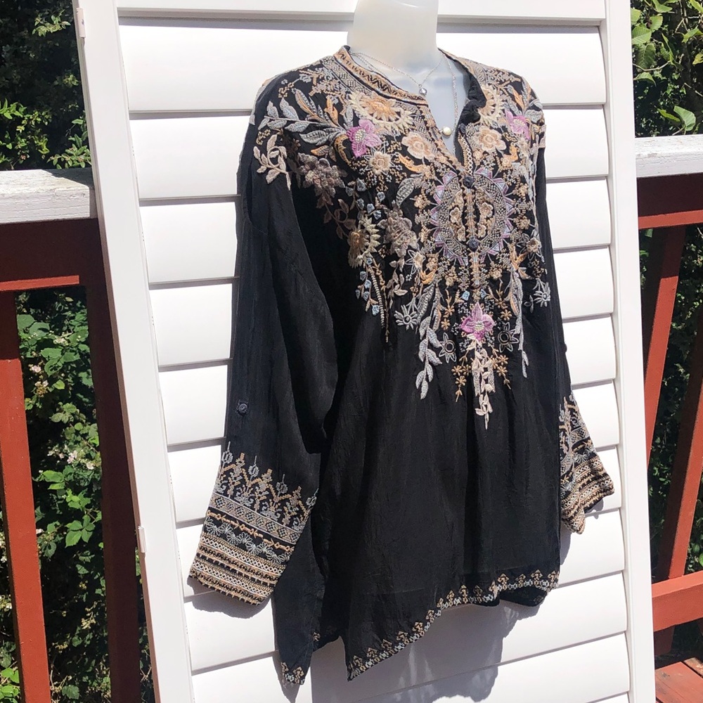 Johnny Was Black Embroidered Boho Tunic with Cream & Pink Accents - Picture 2 of 8